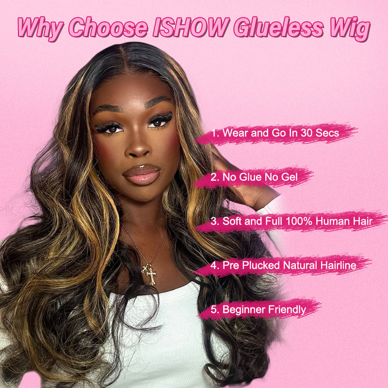 Ishow 13x4 Lace Front Balayage Highlights Human Hair Wigs Ready To Wear Wigs With Invisible Drawstring Loose Body Curtain Bangs Wig