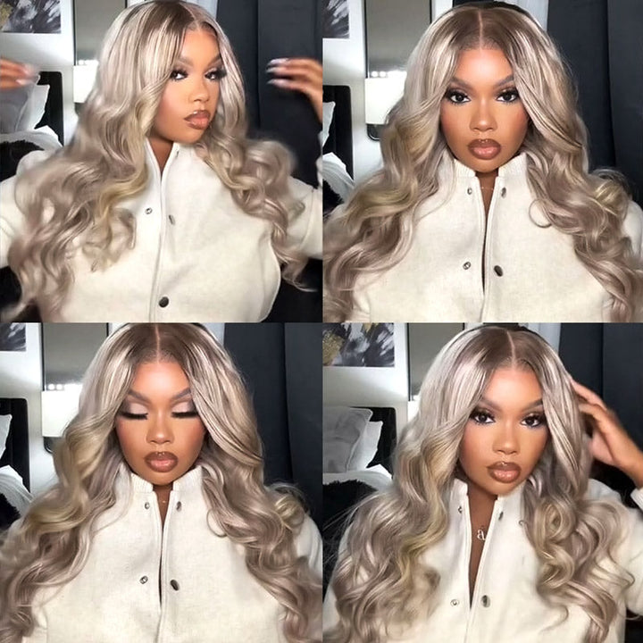 Woman Showcasing Long Blonde Highlight Body Wave Wig With Sleek Style