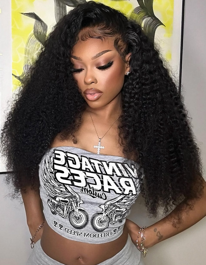 Woman With Voluminous Kinky Curly Wig Styled With Natural Texture and Elegance
