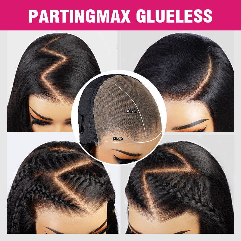 Advertisement for Partingmax Glueless hair product showing different angles of application.