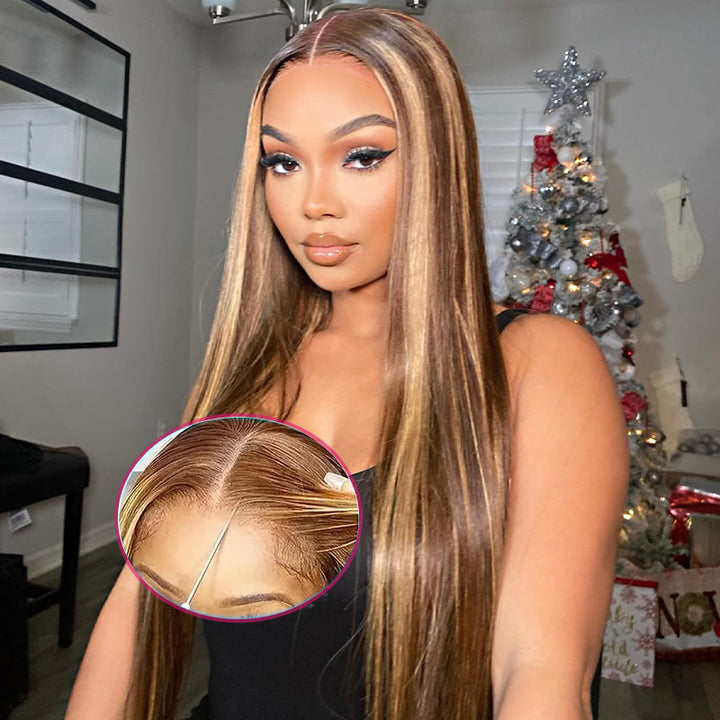 Model Showcasing P4/27 Highlighted Straight Wig With Natural Look