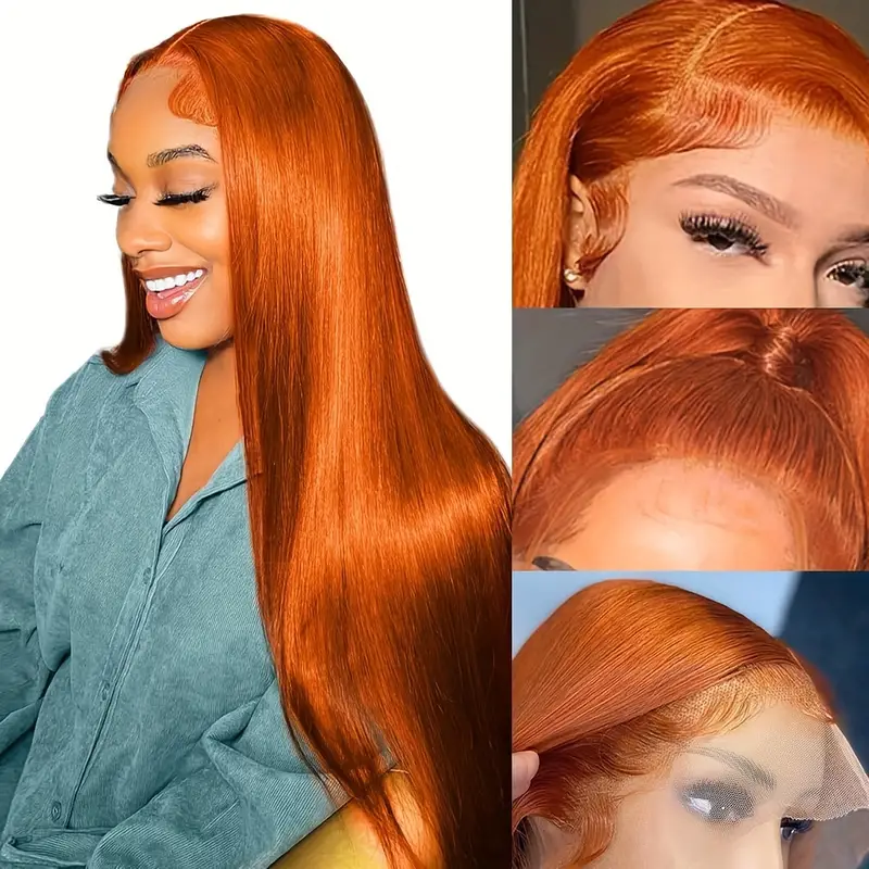 Smiling Woman With Long Ginger Straight Wig, Demonstrating Natural Hairline Detail