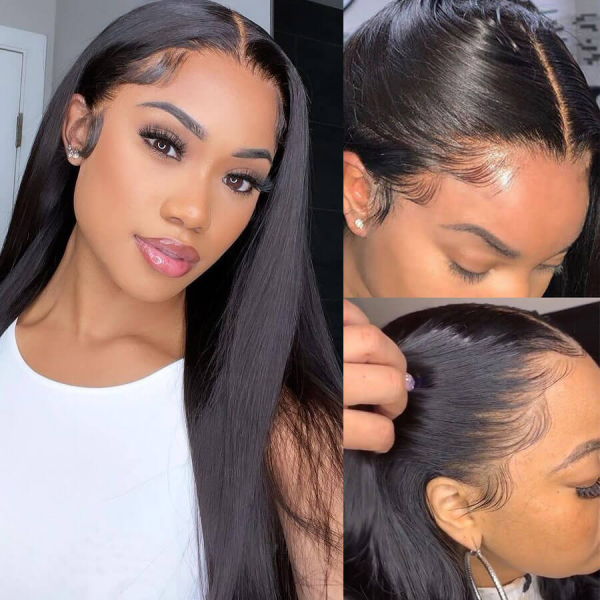 Model Displaying Sleek Straight Natural Black Human Hair Wig With Smooth Hairline