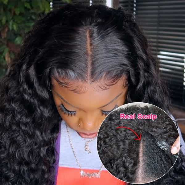 Realistic Parting of Curly Water Wave Wig On Model, Showcasing Natural Scalp Look