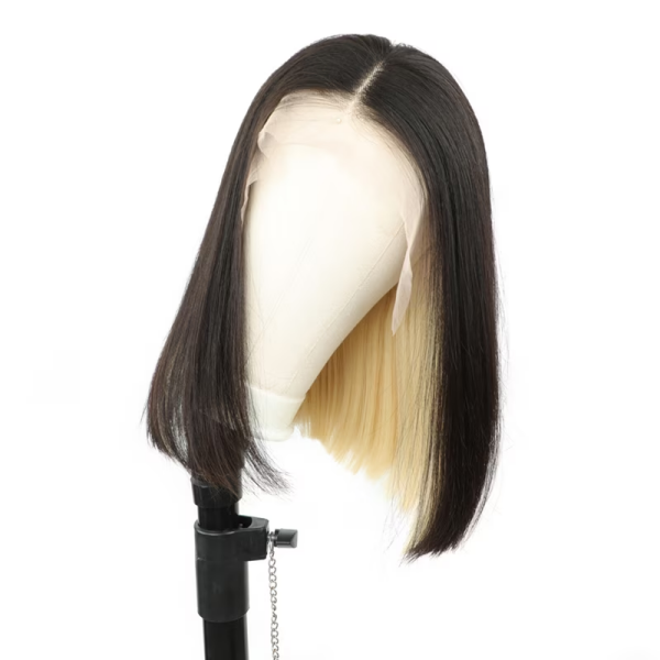 HD Lace Bob Wig Showing Peekaboo Highlighted Blonde and Dark Brown Colors