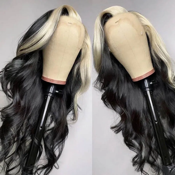 Blonde Skunk Stripe Lace Front Wig With Soft Body Wave Texture On Mannequin Head
