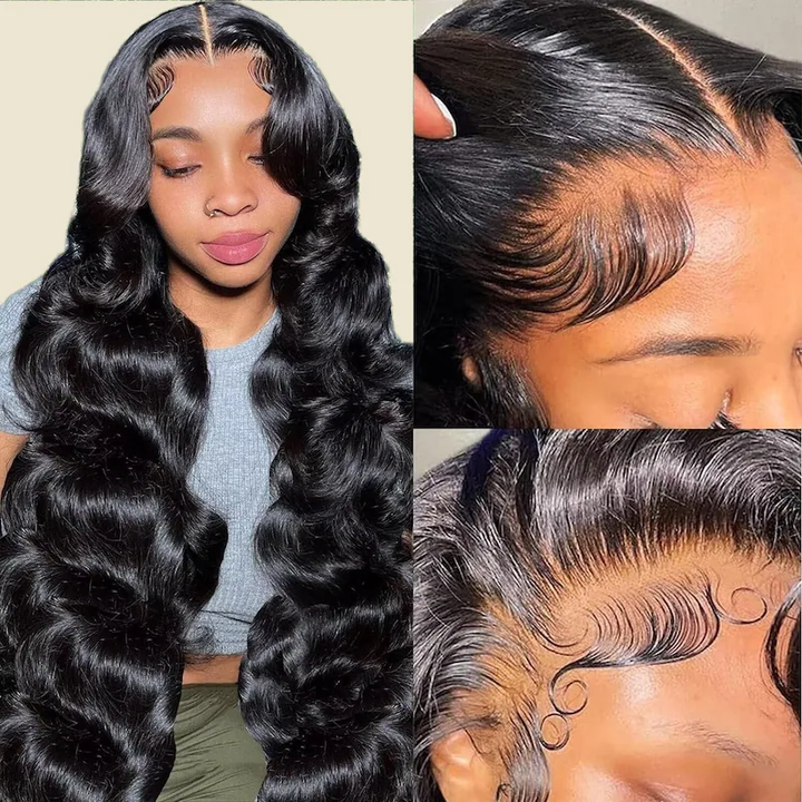 Close-Up of Natural Black Body Wave Wig With Defined Curls and Pre-Plucked Hairline
