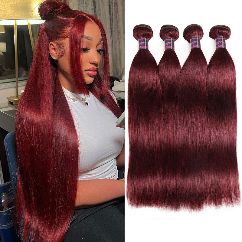 99J Burgundy Straight Hair Bundles and Model With Long Hair