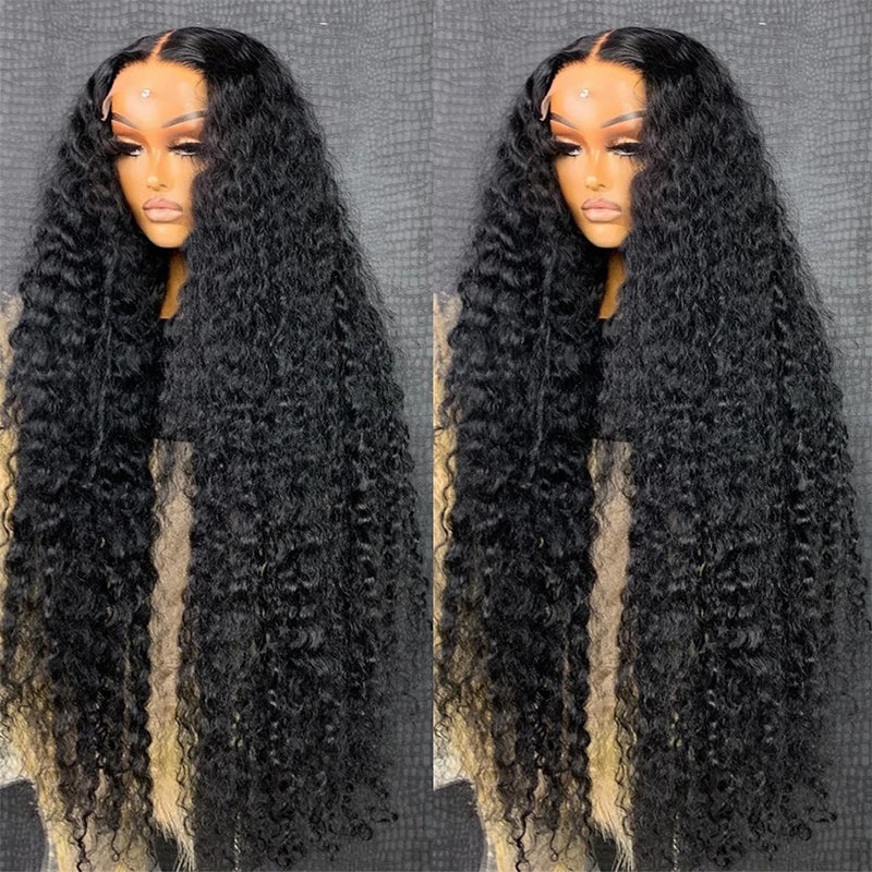 Long Deep Wave Human Hair Wig in Natural Black Color On Model