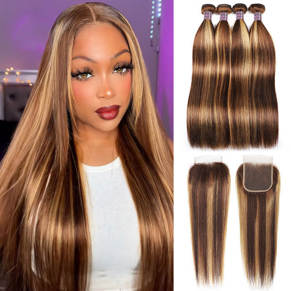 Four straight hair bundles and a 4x4 lace closure in P4/27 dark brown and blonde color. High-quality Brazilian human hair for seamless and stylish look.
