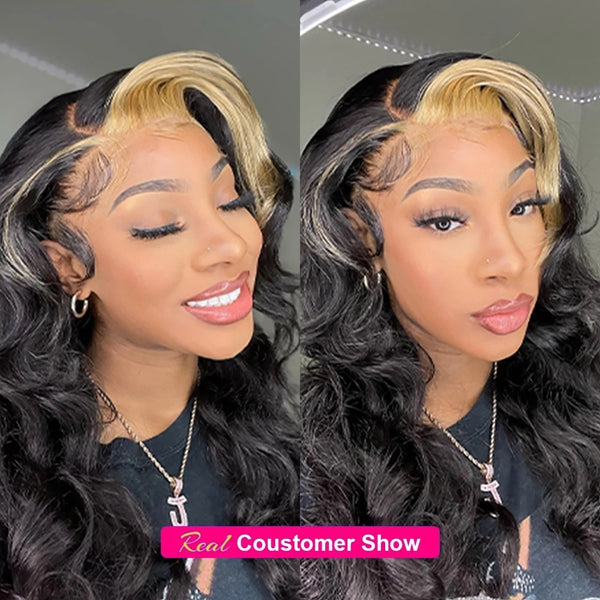 Ishow PPB™ Invisible Knots Blonde Skunk Stripe Body Wave Glueless Lace Frontal Wig Ready To Wear Wigs