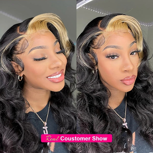 Model With Long Black and Blonde Body Wave Hair Highlighting Ishow Wig Style