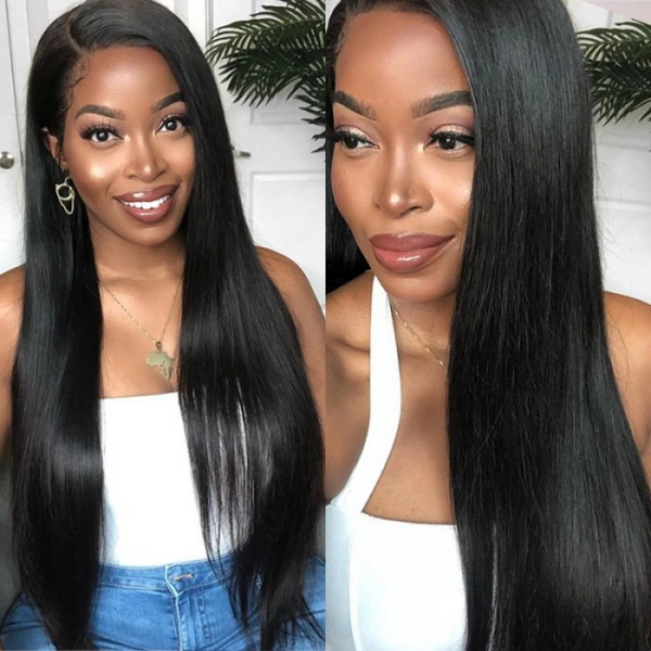 Model With Straight 100% Human Hair Wig Styled in Sleek Natural Black