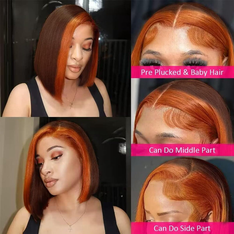 Ginger Orange Bob Wig Showcasing Side, Middle Part Options, and Baby Hair Details