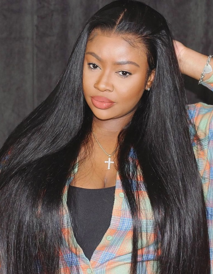 Model With Long Straight Hair Wearing a Glueless Human Hair Wig, Showcasing Natural Style