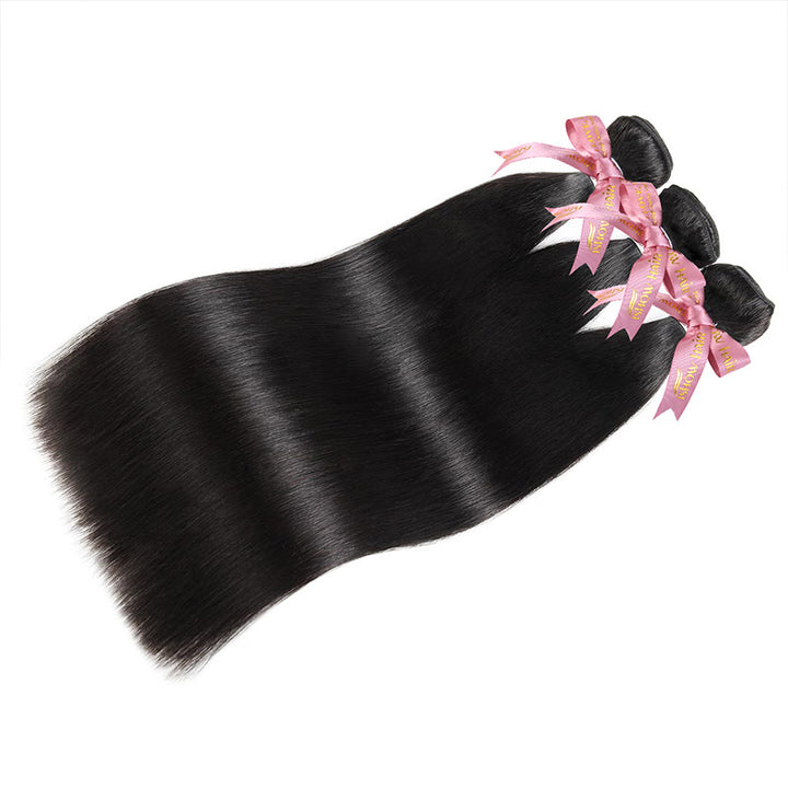 Ishow 12a Grade Straight Black Hair Bundles Tied With Pink Ribbons