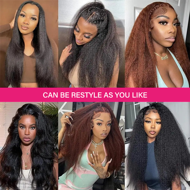 Variety of Models With Different Styles of Kinky Straight Wigs, Highlighting Restyling Options