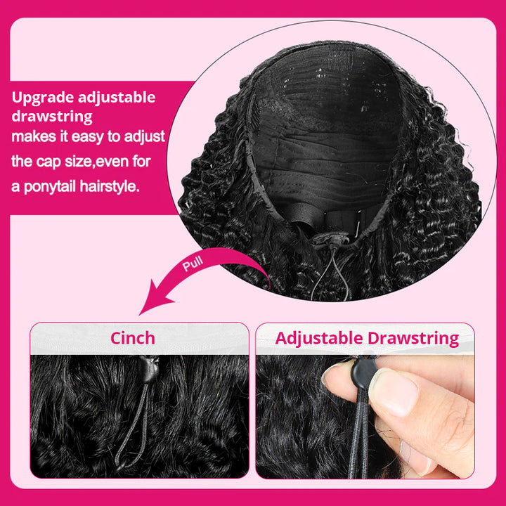 Black wig cap with adjustable drawstring on a pink background