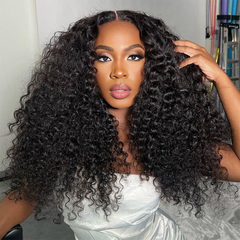 Woman With Voluminous Kinky Curly HD Lace Front Wig in Natural Black Color