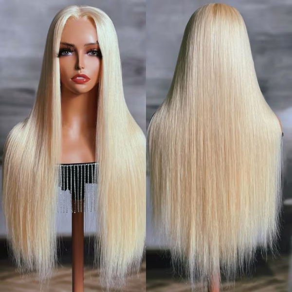 Long Straight 613 Blonde Lace Wig On Mannequin, Emphasizing Its Sleek Texture and Shine