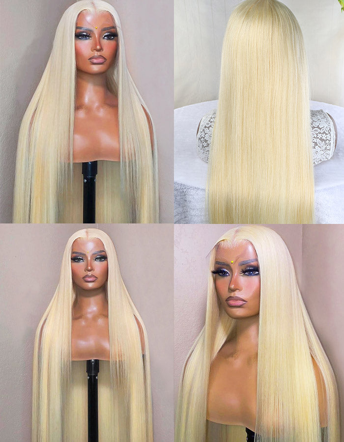 613 Full Lace Wig On Mannequin Showcasing Straight Blonde Hair From Various Angles