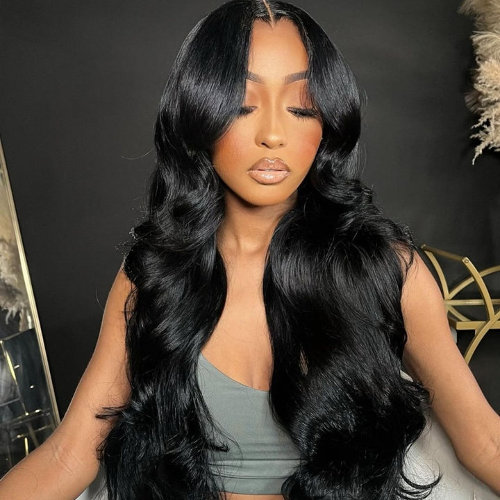 Model Wearing 22-Inch Body Wave Glueless Human Hair Wig in Natural Black
