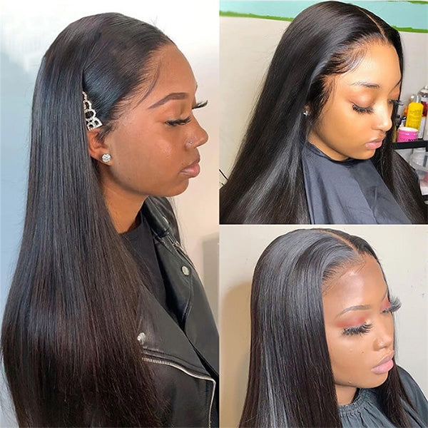 Model Wearing Brazilian Straight Hair With a 5X5 Lace Closure, Showcasing Sleek Style