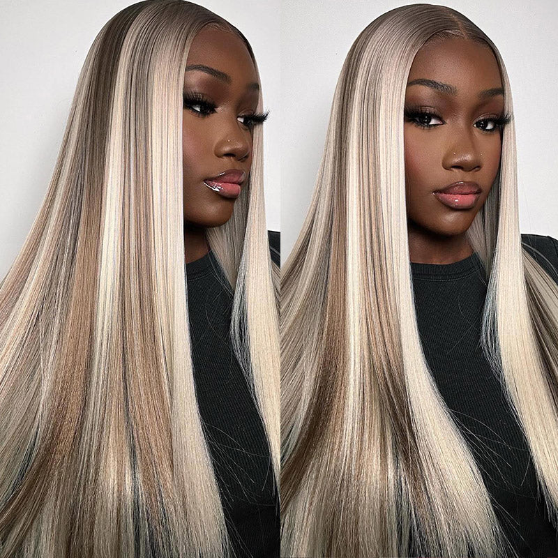 Woman wearing Ishow Ready To Wear Wig, P18/613 straight HD lace front wig with blonde highlights, side-by-side view for detailed look