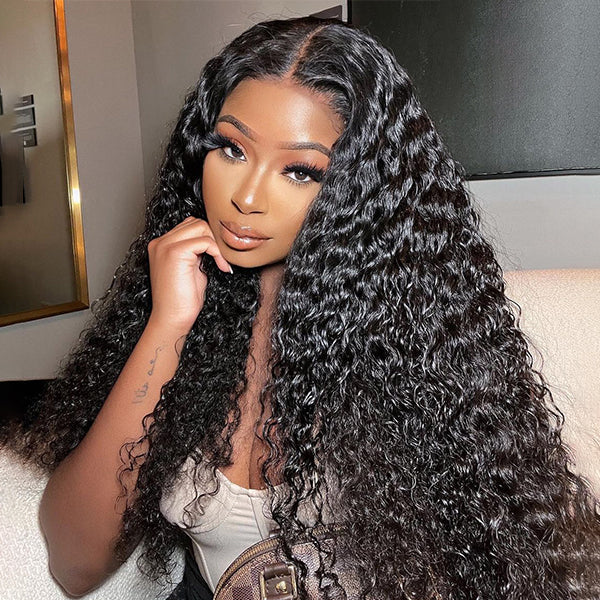 Model Showcasing Water Wave Human Hair Wig in Natural Black Color With Curls