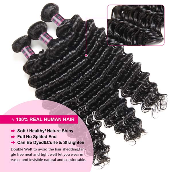 Three Bundles of Deep Wave 100% Real Human Hair in Natural Black Color