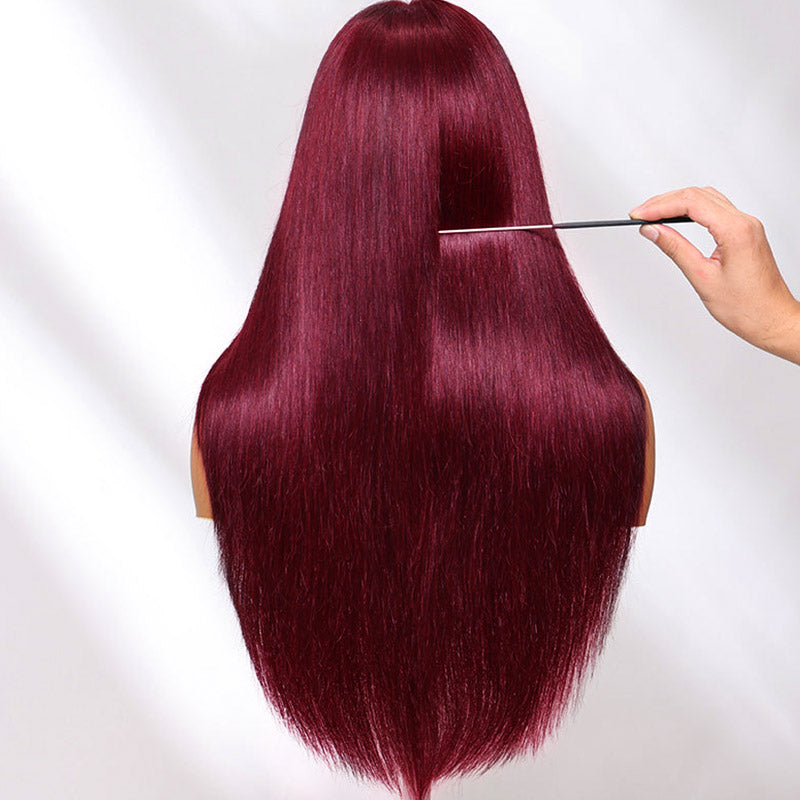 Burgundy Layered Wig Being Styled With a Comb, Ishow Hair