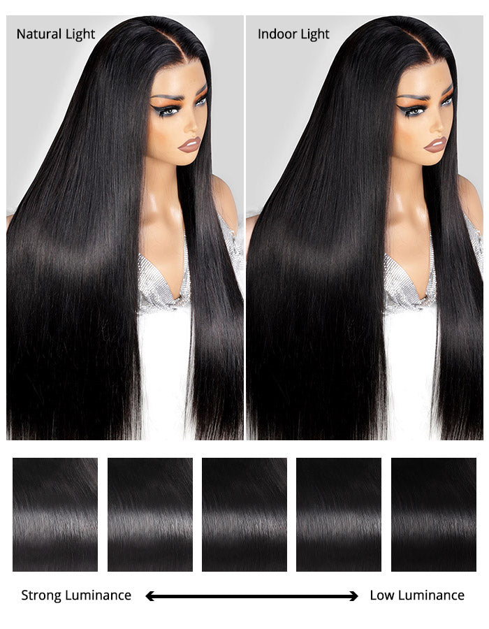 Comparison of Straight 30-Inch Black Wig in Natural and Indoor Light Settings