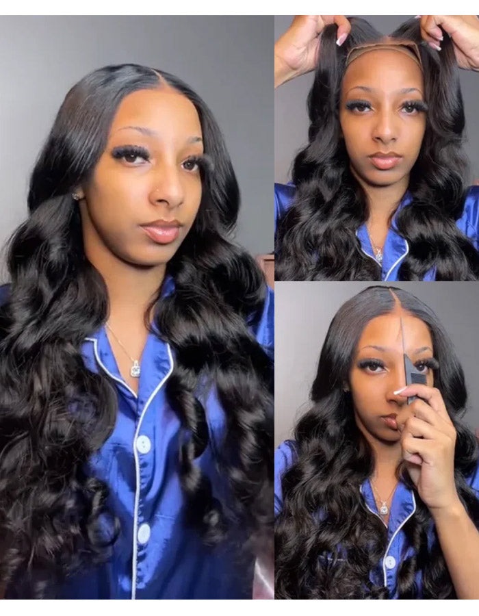 Woman Adjusting 28-Inch Loose Body Wave Wig in Natural Black By Ishow Hair