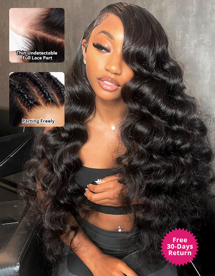 Mannequin showcasing long loose deep wave full lace human hair wig with natural pre-plucked hairline and large curls, styled in two top buns