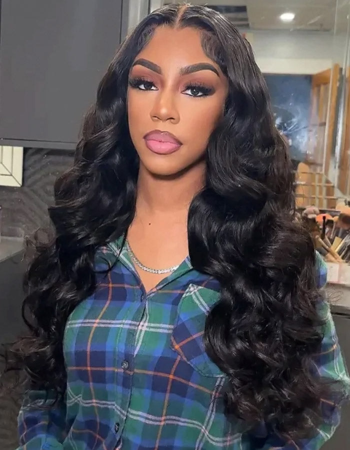 Woman in Plaid Shirt With 28-Inch Loose Body Wave Wig in Natural Black By Ishow Hair