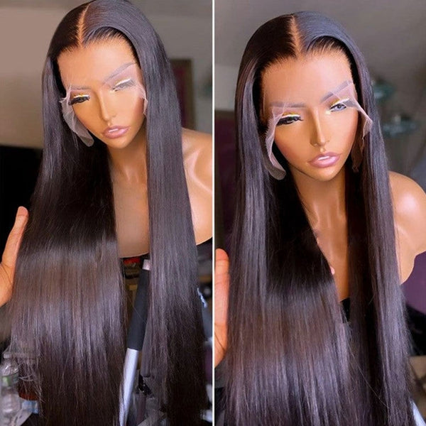 Model Displaying Long Straight Human Hair Wig With Natural Hairline and HD Lace