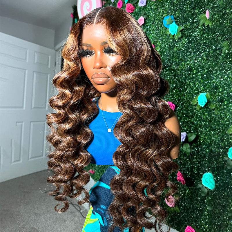 P4/27 Honey Blonde Highlights Glueless Lace Front Wig Styled in Soft Waves