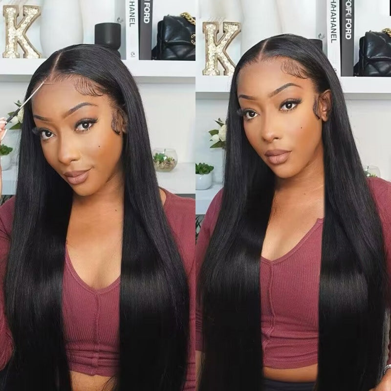Model Presenting 22-Inch Straight Glueless Human Hair Wig in Natural Black Color
