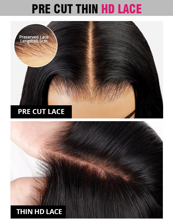 Close-Up of Pre Cut Thin HD Lace Wig Showcasing Natural Hairline and Seamless Finish