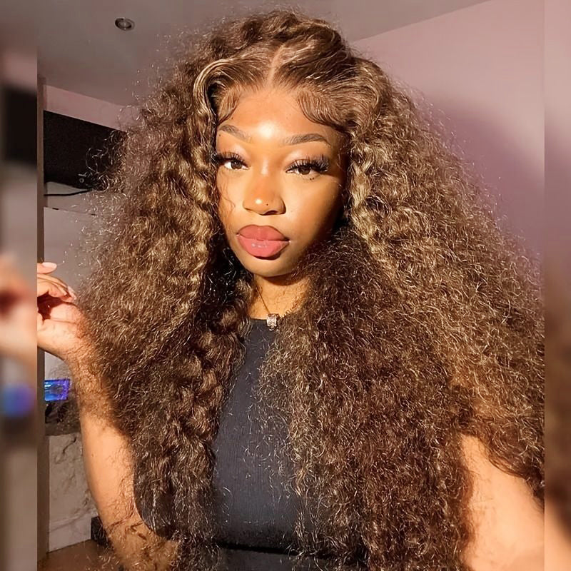 P4/27 Honey Blonde Highlights Wig Styled in Voluminous Waves On Model