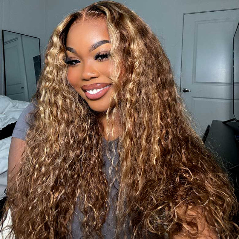 P4/27 Honey Blonde Highlights Wig Styled in Loose Curls On Smiling Model