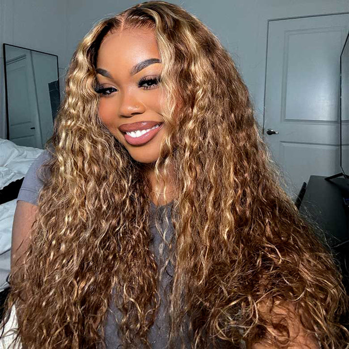 P4/27 Honey Blonde Highlights Wig Styled in Loose Curls On Smiling Model
