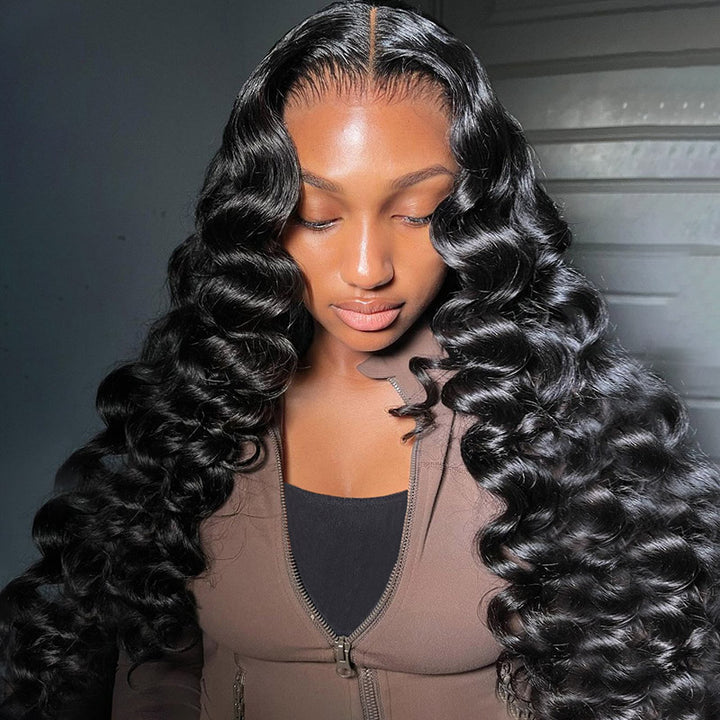 Long, Shiny Body Wave Human Hair Wig Styled On Model