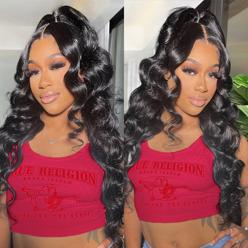 Brazilian Loose Wave Hair With Closure, Model Wearing True Religion Top
