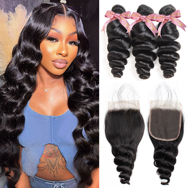 Model Displaying Loose Deep Wave 12a Human Hair Bundles and HD Lace Closure
