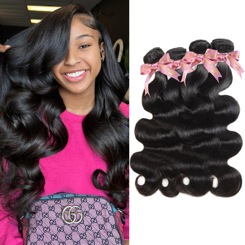 Woman with long, straight black hair in a denim shirt next to 4 bundles of Ishow 12A Grade human hair straight extensions with pink ribbons.