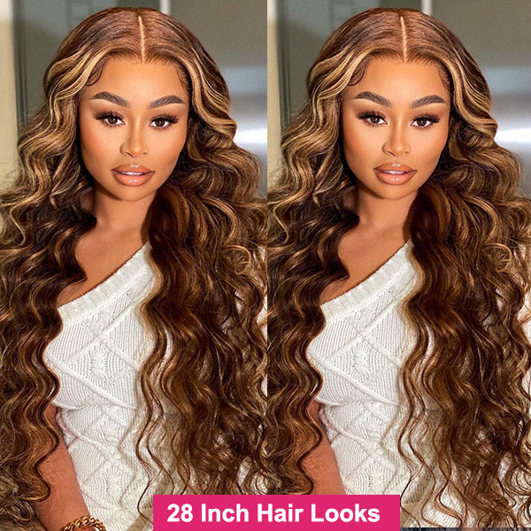 Model Showcasing 28 Inch Honey Blonde Body Wave Hairstyle With Highlights