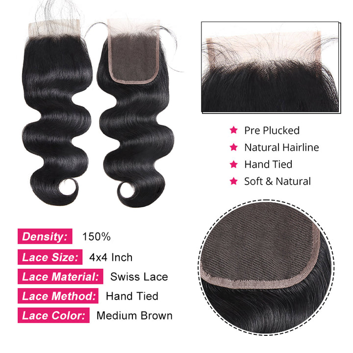 Ishow Hair Virgin Brazilian Body Wave  4*4 Lace Closure