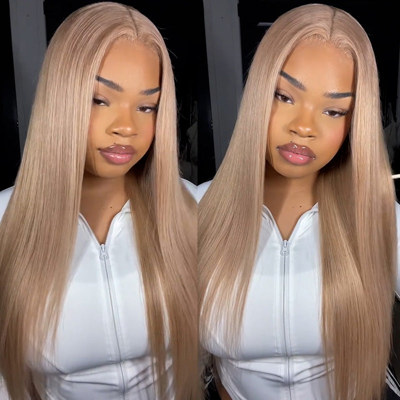 Young woman with long, straight, light blonde glueless human hair wig featuring pre-plucked HD lace front and baby hair, wearing a white crop top
