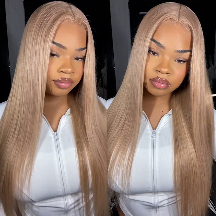 Young woman with long, straight, light blonde glueless human hair wig featuring pre-plucked HD lace front and baby hair, wearing a white crop top